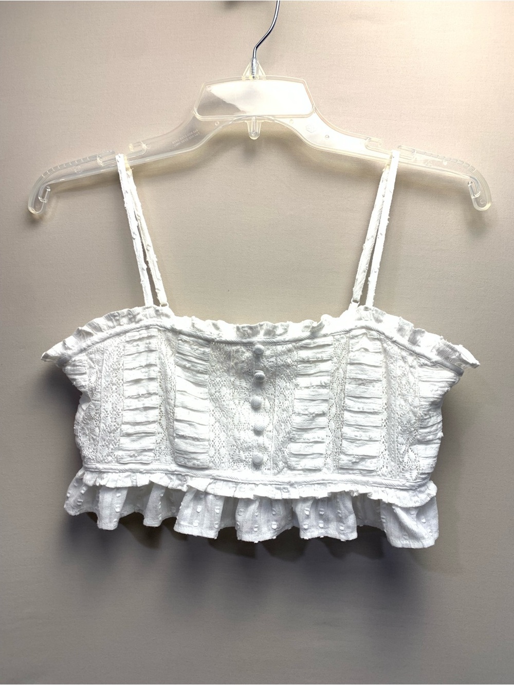 White Lace Ruffle Smocked Bustier Top S Button Eyelet Dainty Cottagecore Crop